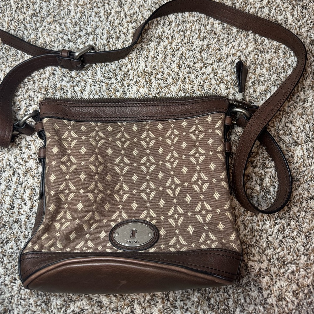 Fossil Brown Logo Canvas Leather Trim Crossbody Bag Adjustable Strap Vintage